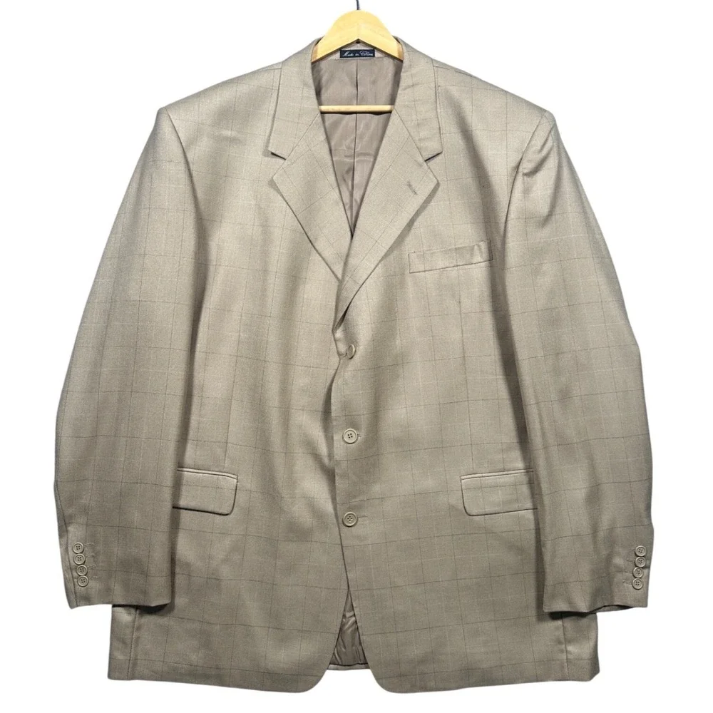 Adolfo Blazer Mens 48L‎ Tan Silk Wool Windowpane 3-Button Sport Coat